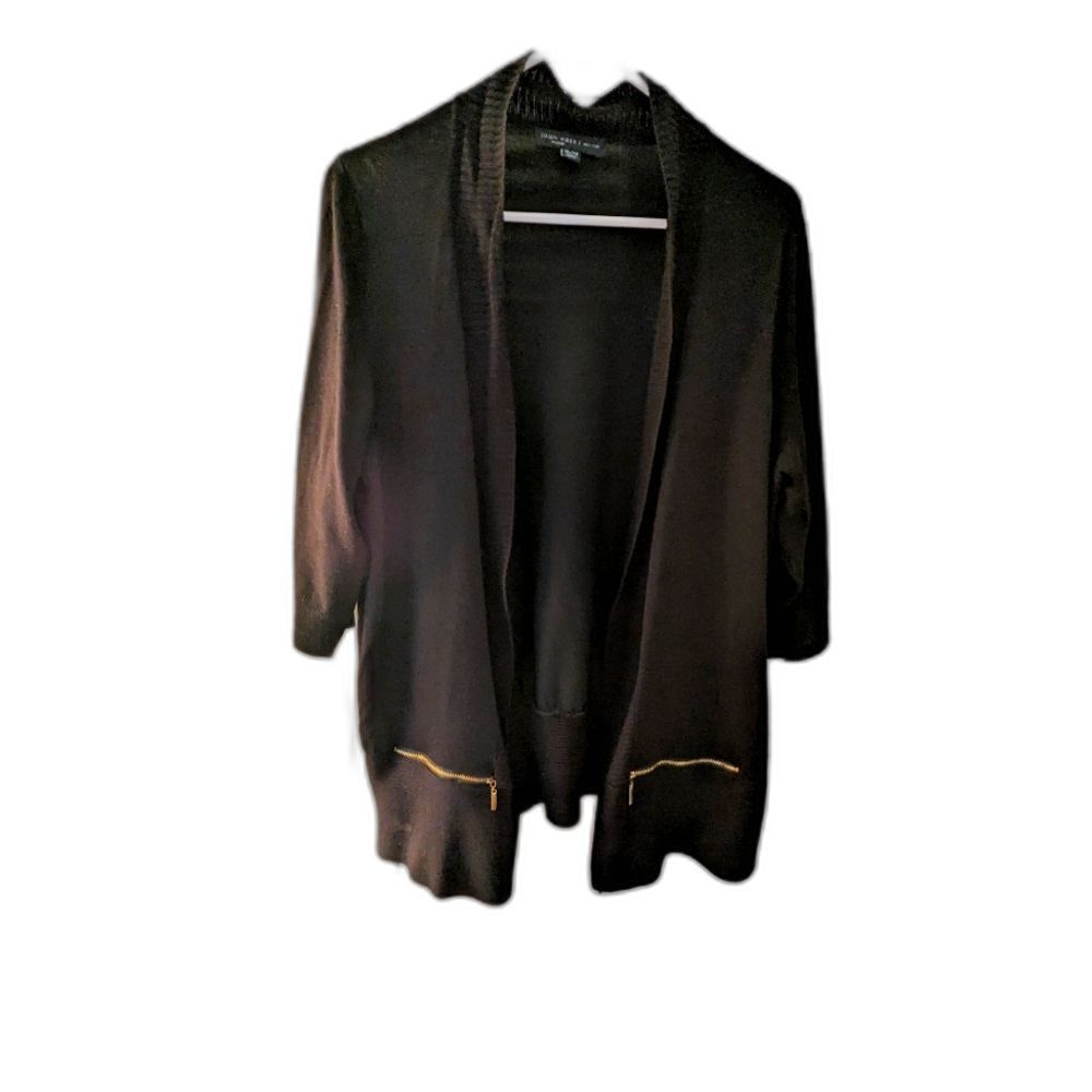 Joan Vass New York Cardigan Womens sz 1X Black Open Gold Zippers Classiccore 3/4